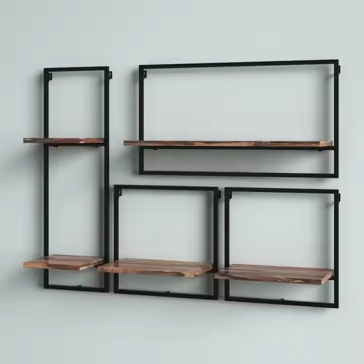 ODM OEM Coated Iron Frame Wall Shelving 4-Piece Floating Display Shelves Double Tiers Contemporary Living Room Home Storage