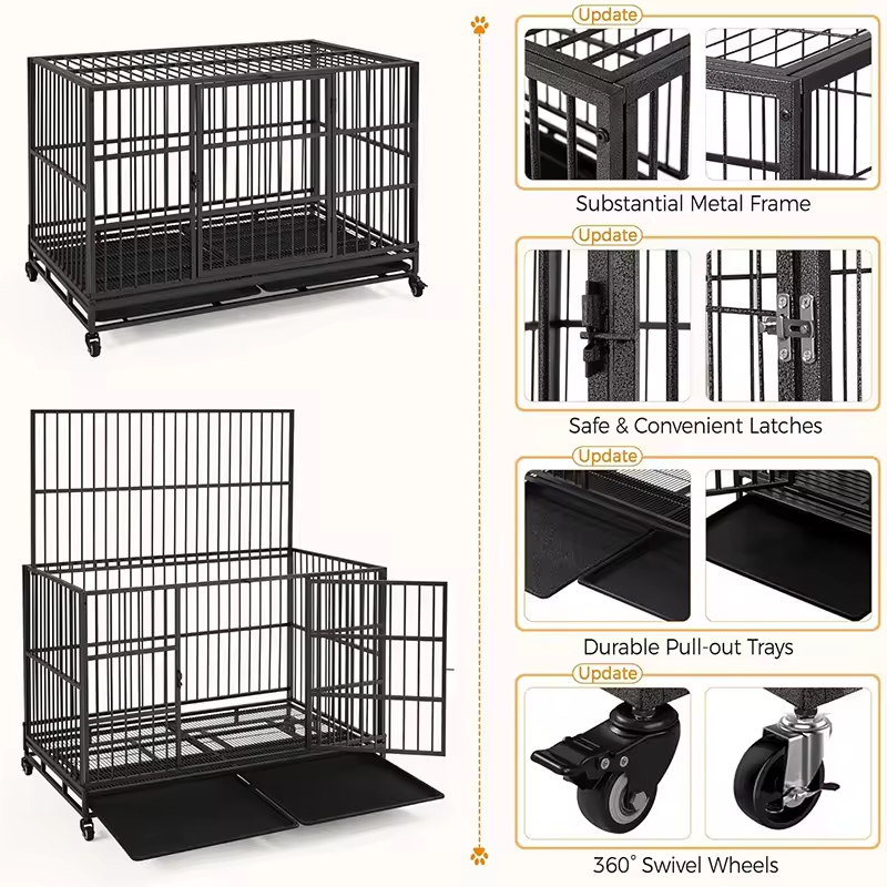 48'' XXL Indestructible Foldable Dog Crate 2 Lockable Doors Removable Metal Trays Wheels Extra Home Storage Organization