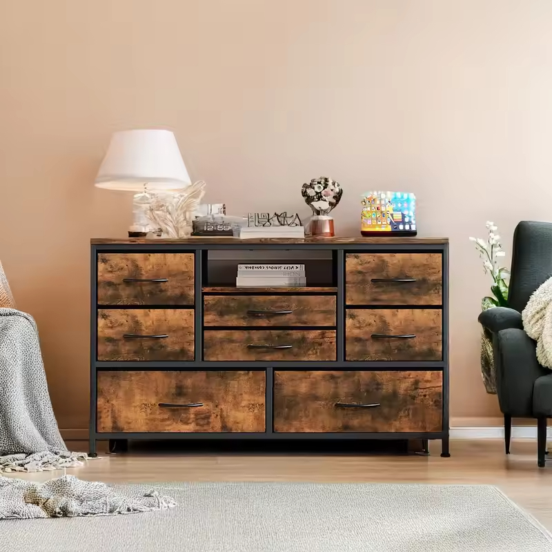 8-Drawer 55-Inch Brown Wood TV Stand Power Outlet Multi-Functional Media Console Dresser for Villa for Living Room Bedroom Hotel