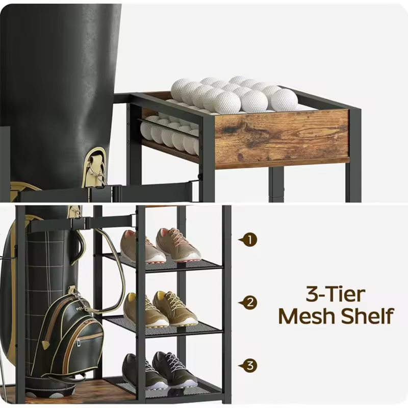 Factory Custom Rolling Club Shelves Organizer Golf Storage Stand Rack Wheels Carbon Steel Detachable Design for Golf Equipment