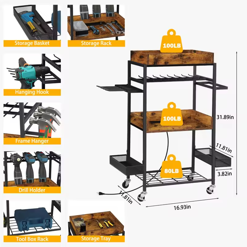 Factory OEM/ OBM Portable Rustic Rolling Tool Organizers Built-in Outlets USB Storage Rack Charging Station Garage Organizers