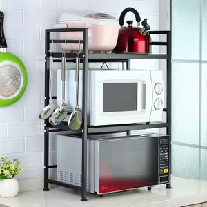 Three-Layer Retractable Standing Type Metal Kitchen Shelving for Countertop Rice Cooker Oven Microwave Rack for Household Use