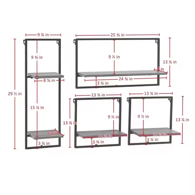 ODM OEM Coated Iron Frame Wall Shelving 4-Piece Floating Display Shelves Double Tiers Contemporary Living Room Home Storage