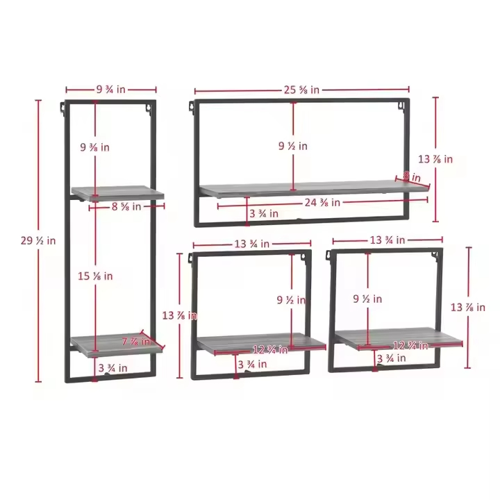ODM OEM Coated Iron Frame Wall Shelving 4-Piece Floating Display Shelves Double Tiers Contemporary Living Room Home Storage
