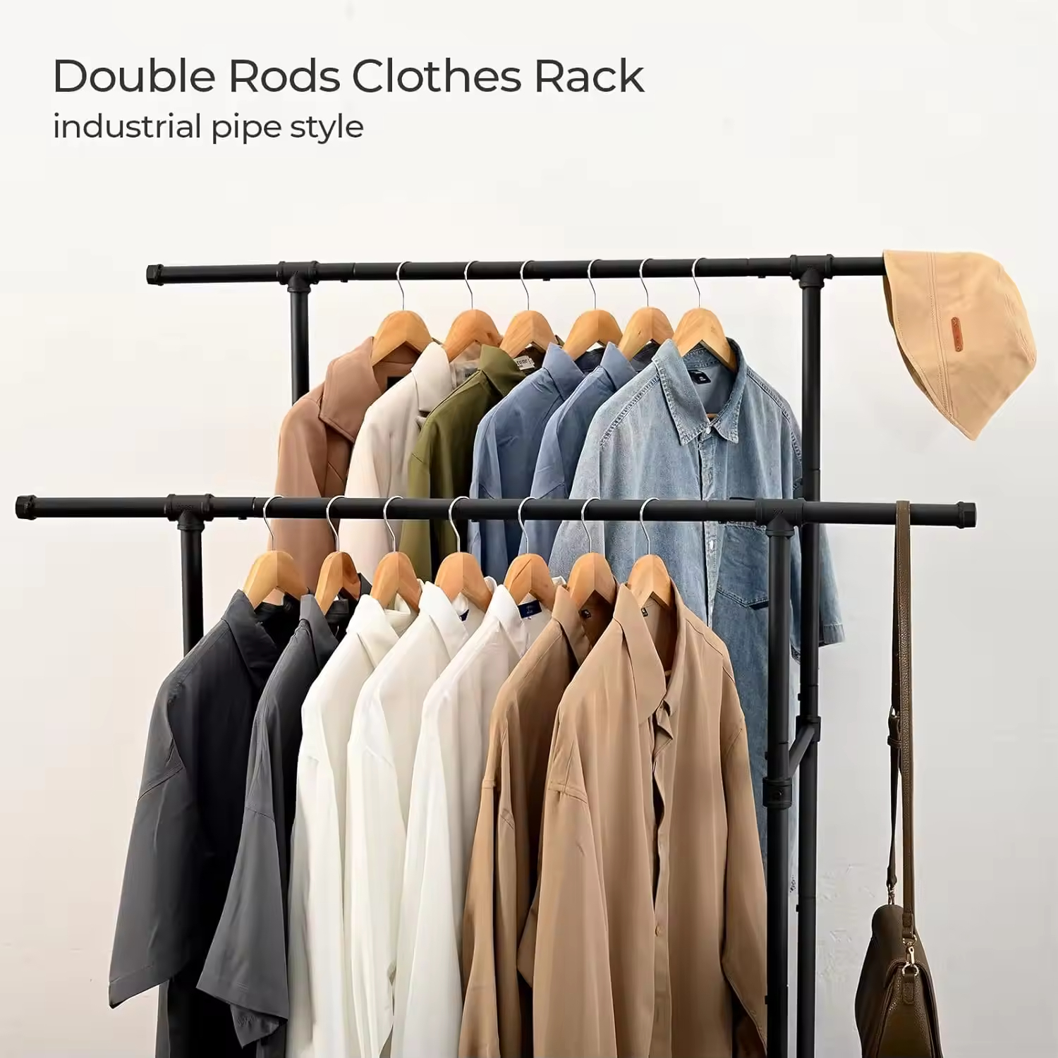 Custom Heavy-Duty Double Rod Metal Clothing Hanger Organizer Wheeled Closet Bedroom Garment Rack Detachable Living Room Use