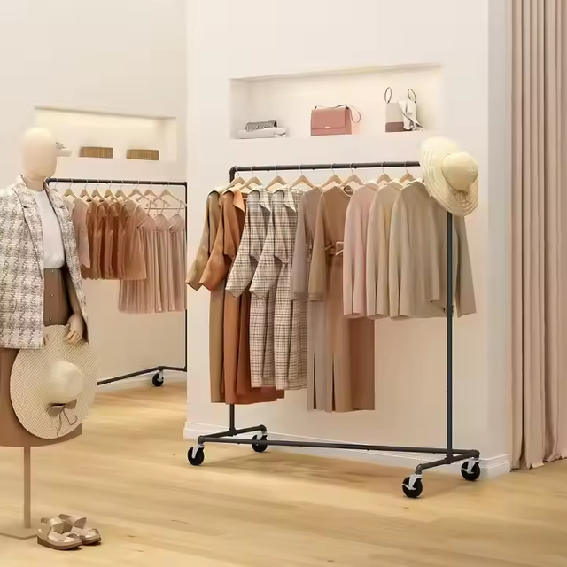 Modern Matte Black Z Rack Single Adjustable Hanging Rail Lockable Wheels Tool-Free Assembly for Boutique Bathroom Living Room