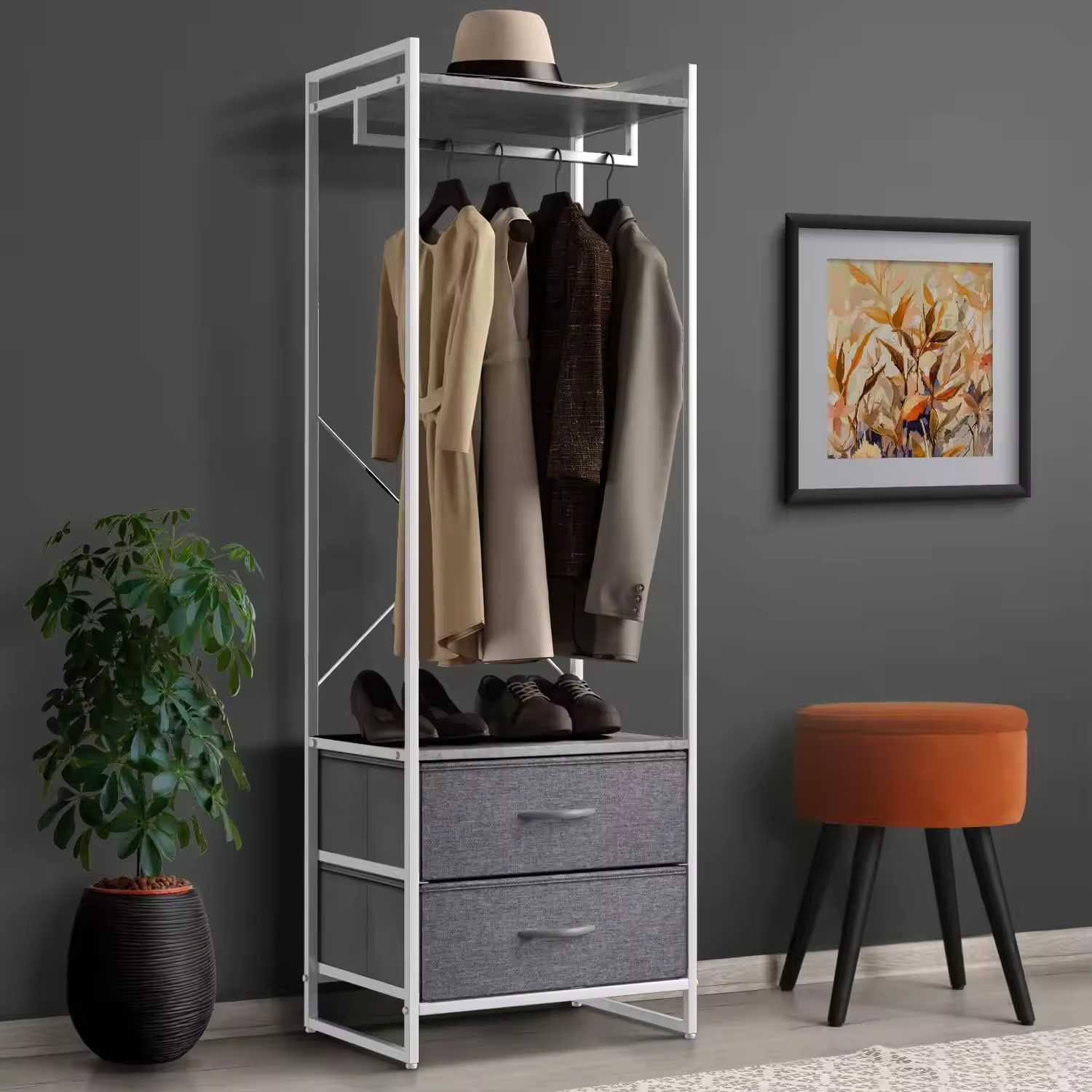 Custom Steel Frame Fabric Drawers Tall Closet Storage Organizer Hanging Shirts Dresses Jackets Clothing Living Room Detachable