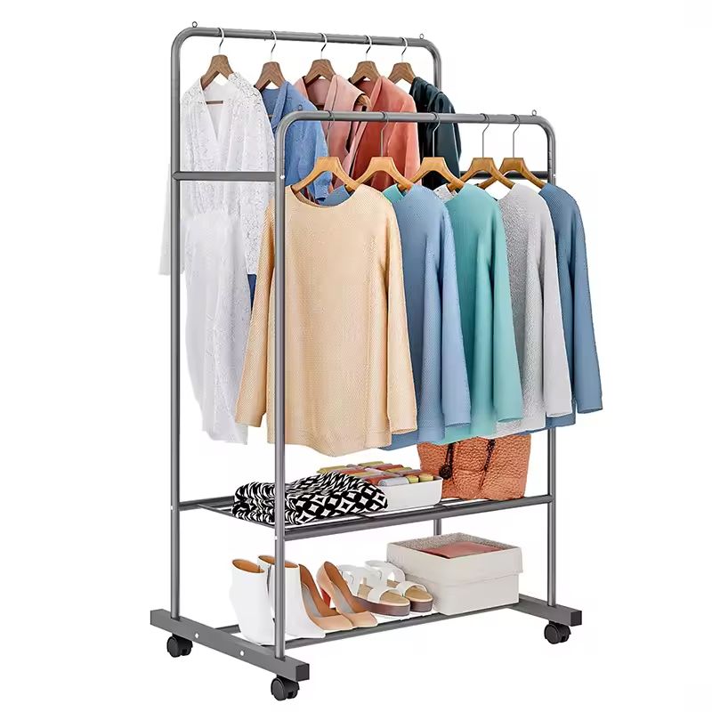 OEM & ODM Factory Metal Clothing Rack with Wheels Double Rails 110 LBS Capacity Indoor Use for Bedroom Bathroom Clothes Storage