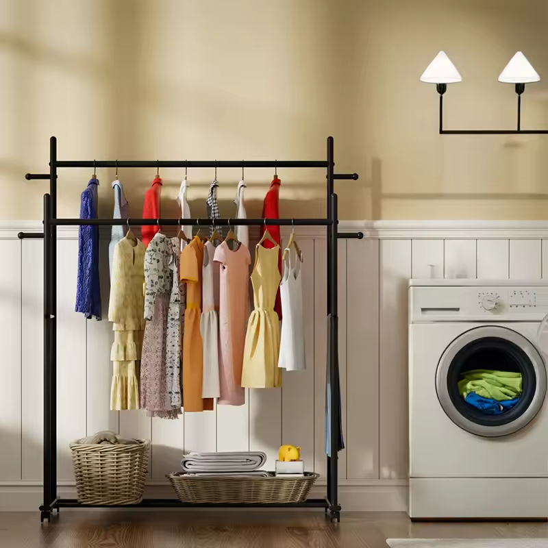 Stationary Feet Metal Rolling Clothing Rack Hanging Rods Hooks Detachable Waterproof for Bathroom Wardrobe Closet Organization