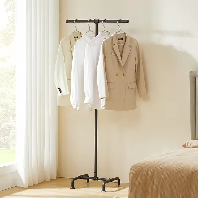 Custom logo Stand Steel Rod for Clothes Hangers Solid Wood Floor Bedroom Coat and Hat Rack Vertical Space Saving Clothes Hanger