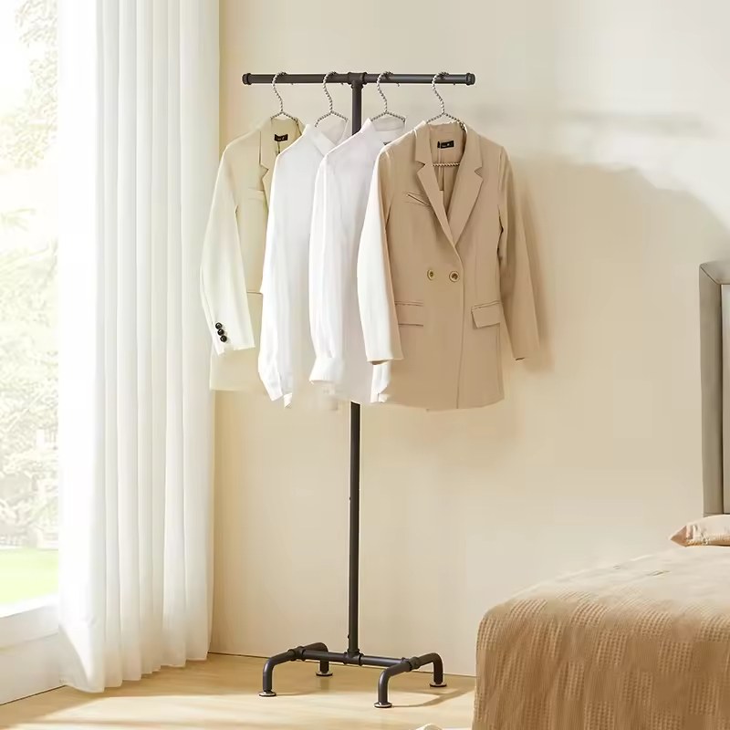 Custom logo Stand Steel Rod for Clothes Hangers Solid Wood Floor Bedroom Coat and Hat Rack Vertical Space Saving Clothes Hanger