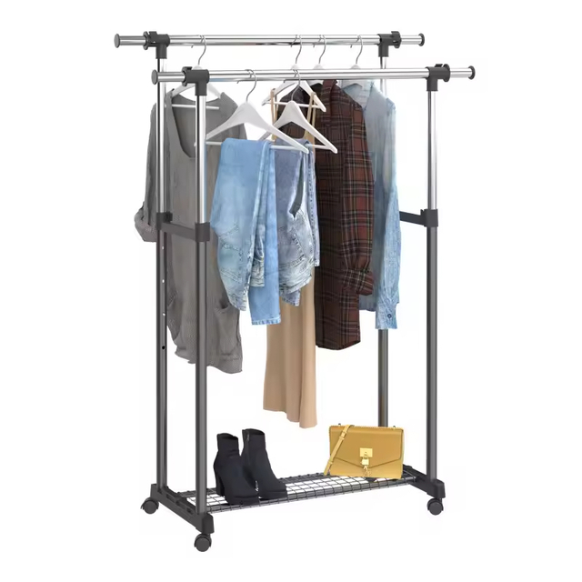 OEM & ODM Adjustable Rolling Clothes Rack Simple Freestanding Metal Wood Garment Rack Black for Wardrobe Space