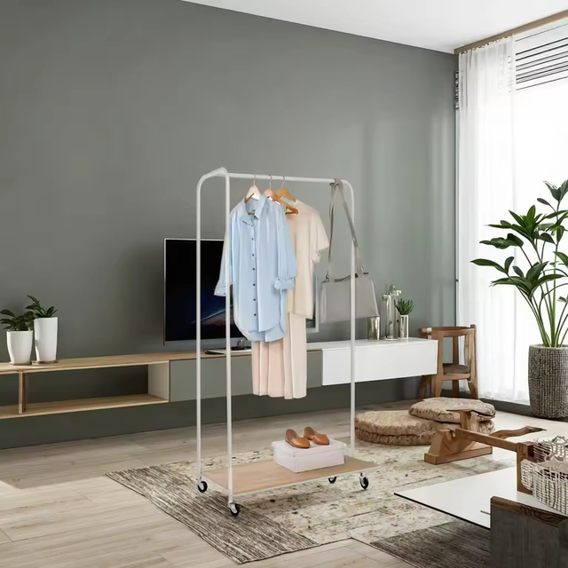 Manufacturer Custom Heavy-Duty Steel Rolling Clothes Rail Rack Double Simple Floor Garment Hanging Rack for Living Room Wardrobe