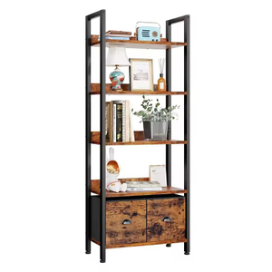 Factory OEM&ODM 5-Tier Wood and Metal Bookshelf Tall Bookcase with 2 Storage Drawers Industrial Display Standing Shelf Units
