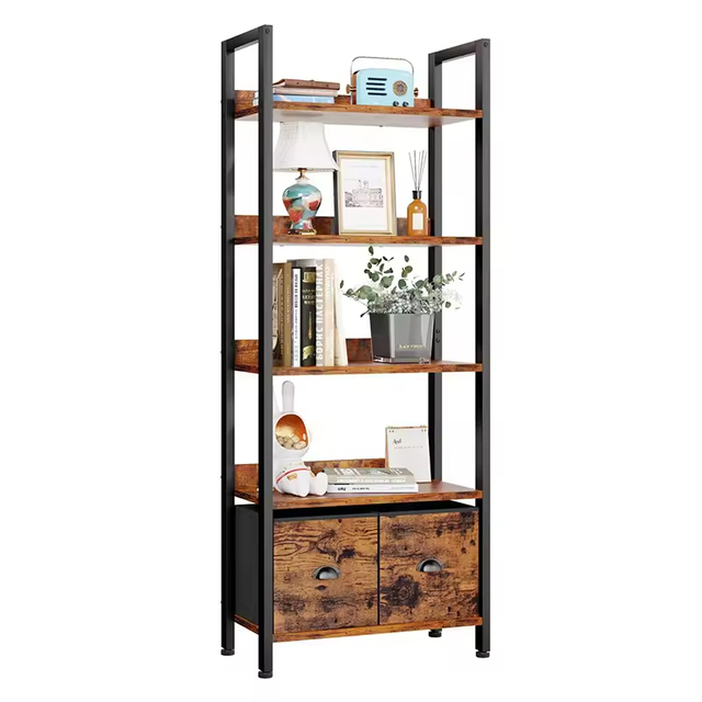 Factory OEM&ODM 5-Tier Wood and Metal Bookshelf Tall Bookcase with 2 Storage Drawers Industrial Display Standing Shelf Units