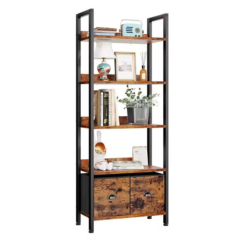 Factory OEM&ODM 5-Tier Wood and Metal Bookshelf Tall Bookcase with 2 Storage Drawers Industrial Display Standing Shelf Units