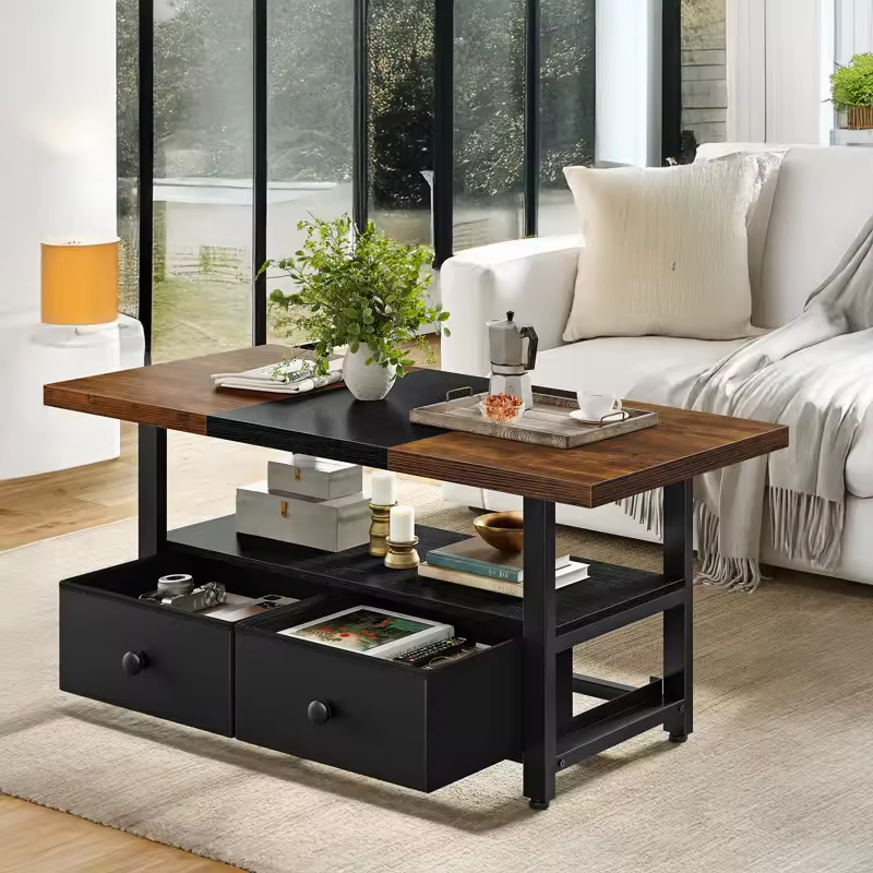 Factory Custom Console Table With Storage Shelves and 2 Drawers Rectangular Table Wooden Top Metal Frame Living Room Brown