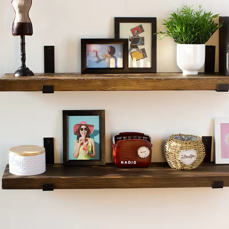 Custom Modern Rectangle Plated Live Edge Hardwood Shelves Bathroom Kitchen Rack with Bracket Long Book Floating Shelf