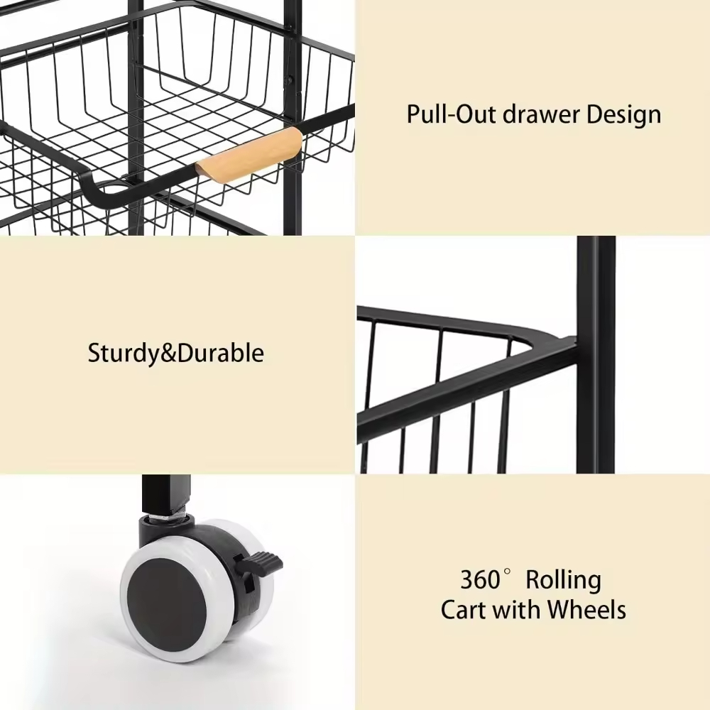 OEM/ODM 4-Tier Wood Steel Fruit Vegetable Storage Rolling Cart Power Charging Kitchen Living Room Islands Carts Wheels Factory