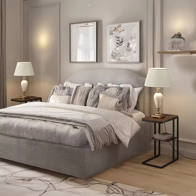 Modern C-Shaped End Table with Metal Base Space-Saving Side Nightstand for Sofa & Bed in Small Home Furniture