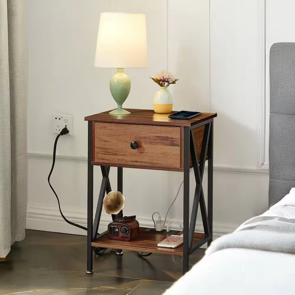 OEM ODM Custom End Table with Charging Station with 1 Wooden Drawers Livingroom Cabinet Couch Nightstand End Side Table