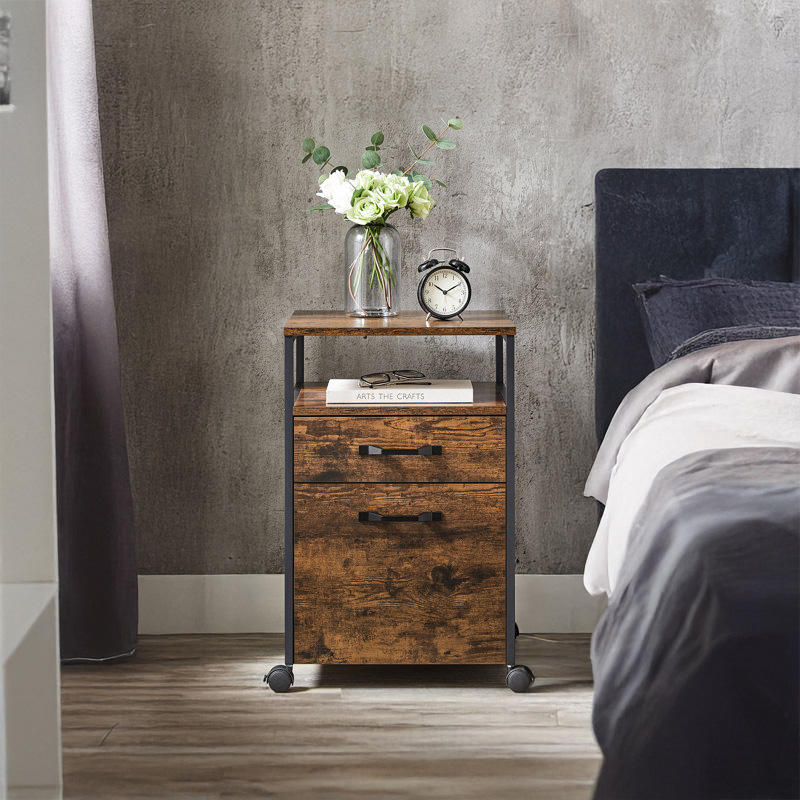 Custom ODM OEM Living Room Guest Room Office Hotel Workshop Sofa Corner End Table 2 Drawers Rustic Brown Wood Metal Contemporary