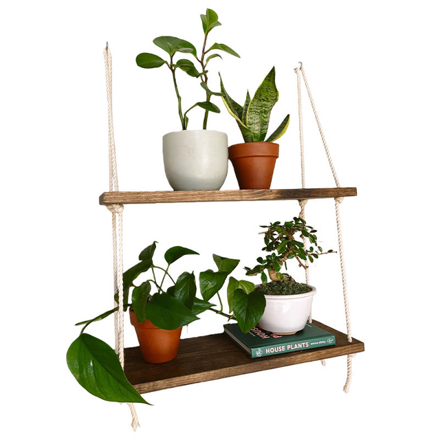 Wood Rectangle Modern Hanging Shelf Wall Swing Storage Shelves 3-Tier Jute Rope Organizer