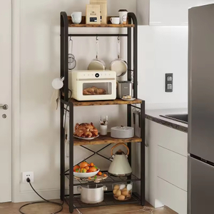 OEM/ODM Kitchen Baker's Rack Microwave Oven Stand Coffee Bar Cabinet Freestanding Storage Shelf Power Outlet Steel Construction