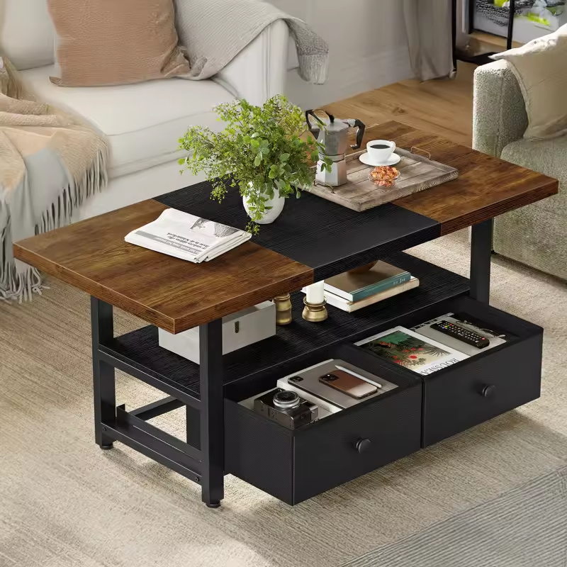 OEM & ODM Farmhouse Wood Coffee Table with 2 Drawers Small Cocktail Table for Living Room Wardrobe Rotating Design for Tool Use