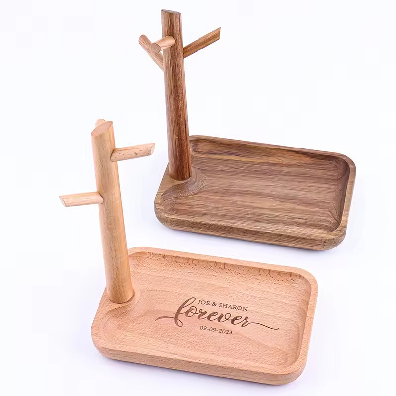 Wooden Jewelry Display Tray Stand with Bamboo Exhibition Display Stand Engraved Desktop Shelf Tree for Porch Storage