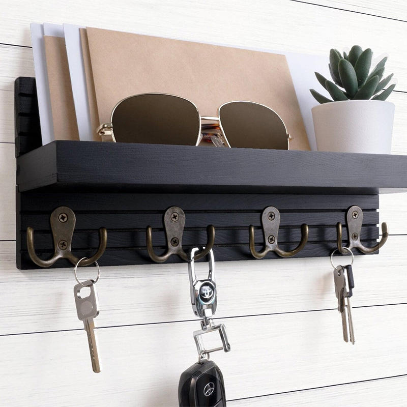 Wall Mounted Mail Bill Rack Woodenkey Holder for Wall with Shelf for Home with 5 Hooks