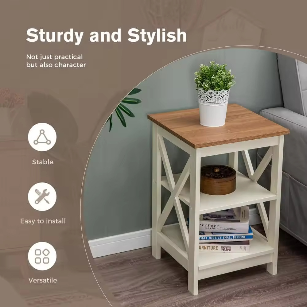 Factory ODM&OEM White MDF Accent Square End Table with 3-Tier Side Table Metal Frame Modern Bedroom Side Table Nightstands