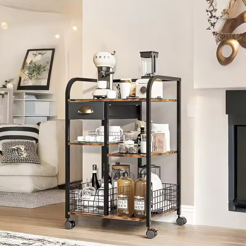 3-Tier Adjustable Vintage Steel & Wood Tool Storage Rack with Rotating Design and Mobile Wheels