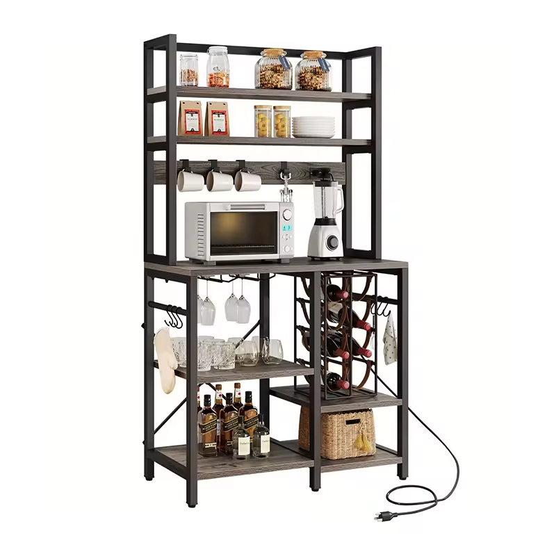 OEM/ODM Manufacturer's Freestanding Kitchen Storage Shelf Baker's Rack Microwave Oven Stand Coffee Bar Cabinet Power Outlet
