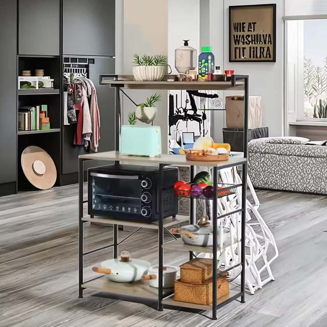 Wholesale 6-Tier Metal Wood Combined Kitchen Storage Rack Power Outlet Baker Rack for Kitchen Islands & Carts