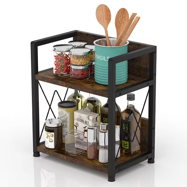 Custom Vintage Double Standing Metal Wooden Kitchen Spice Rack Organizer Detachable Design Desktop Office Coffee Bar Countertop