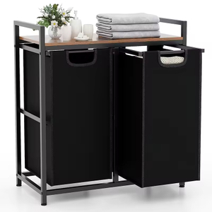 Factory Custom Rustic Double-Tier Waterproof Laundry Basket Removable Compartments Steel Wood Construction Storage Baskets