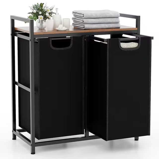 Factory Custom Rustic Double-Tier Waterproof Laundry Basket Removable Compartments Steel Wood Construction Storage Baskets