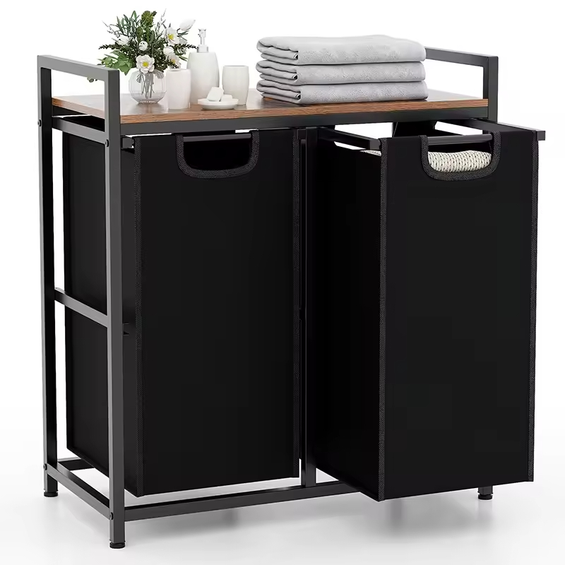 Factory Custom Rustic Double-Tier Waterproof Laundry Basket Removable Compartments Steel Wood Construction Storage Baskets