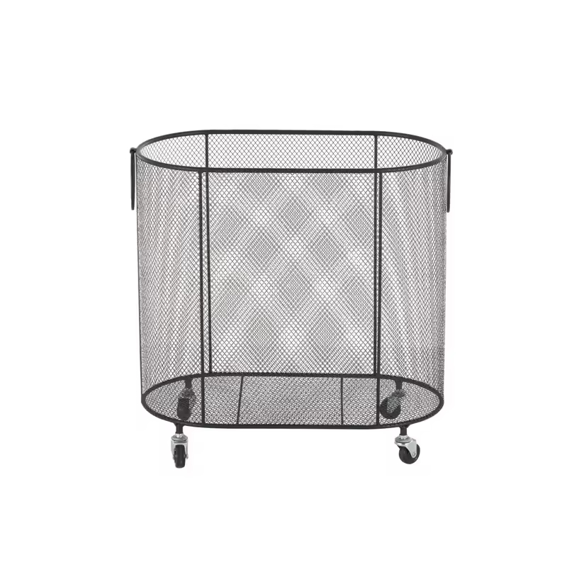 Factory Custom Laundry Cart with Wheels and FabricMetal Oval Mesh Wire Rolling Laundry Storage Basket With Ring Handles