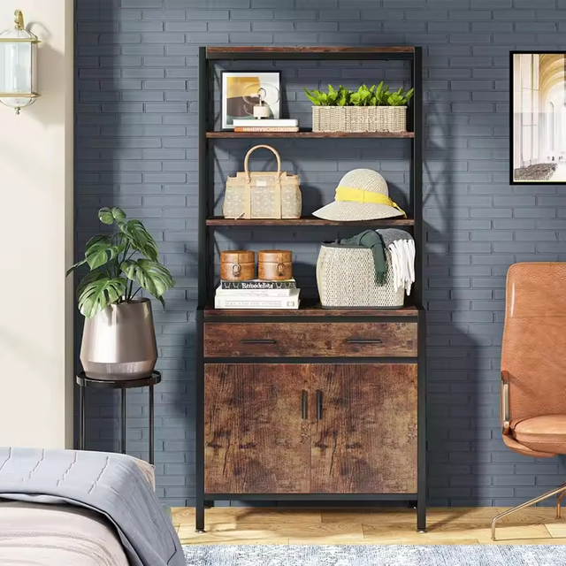 ODM OEM Factory 4- Shelf Industrial Bookcase with Drawer and Doors H69 W28 D14IN Etagere Book Shelves Storage Cabinet