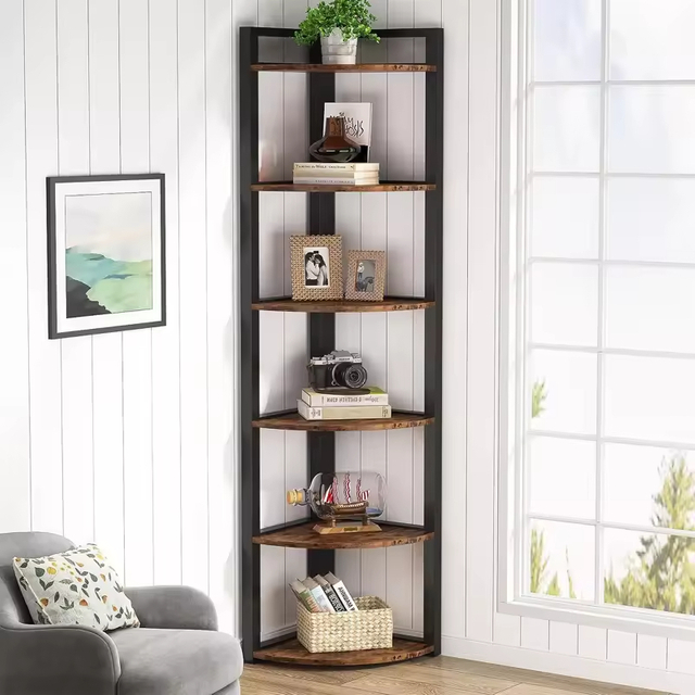 Custom Heavy-Duty 6-Tier Corner Bookcase with 6-Layer Storage Shelves Tall Thin Bookcase Rack for Efficient Space Utilization
