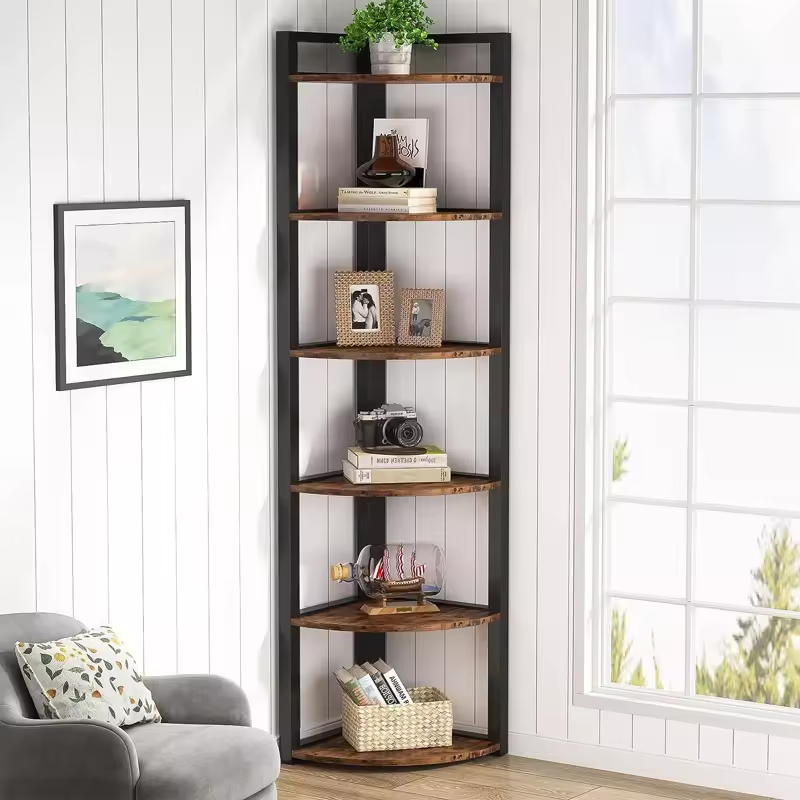Custom Heavy-Duty 6-Tier Corner Bookcase with 6-Layer Storage Shelves Tall Thin Bookcase Rack for Efficient Space Utilization