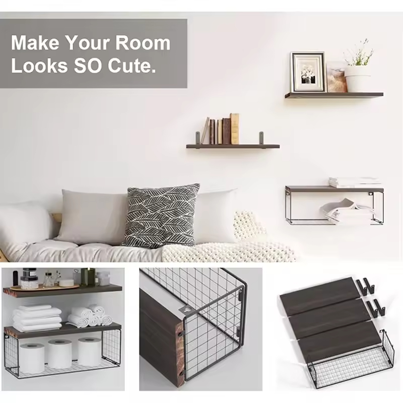 Factory Custom Shower Caddy Shelf Storage Holders Wall Mounted Floating Shelves with Metal Frame Rustic Wood Bathroom Organizer