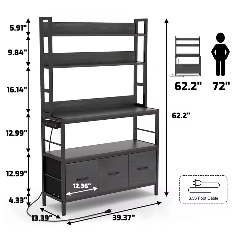 OEM/ODM 39.37'' 4-Tier Modern Kitchen Steel Standard Baker's Rack 3 Cabinets Microwave Stand Power Outlet Utility Storage Shelf