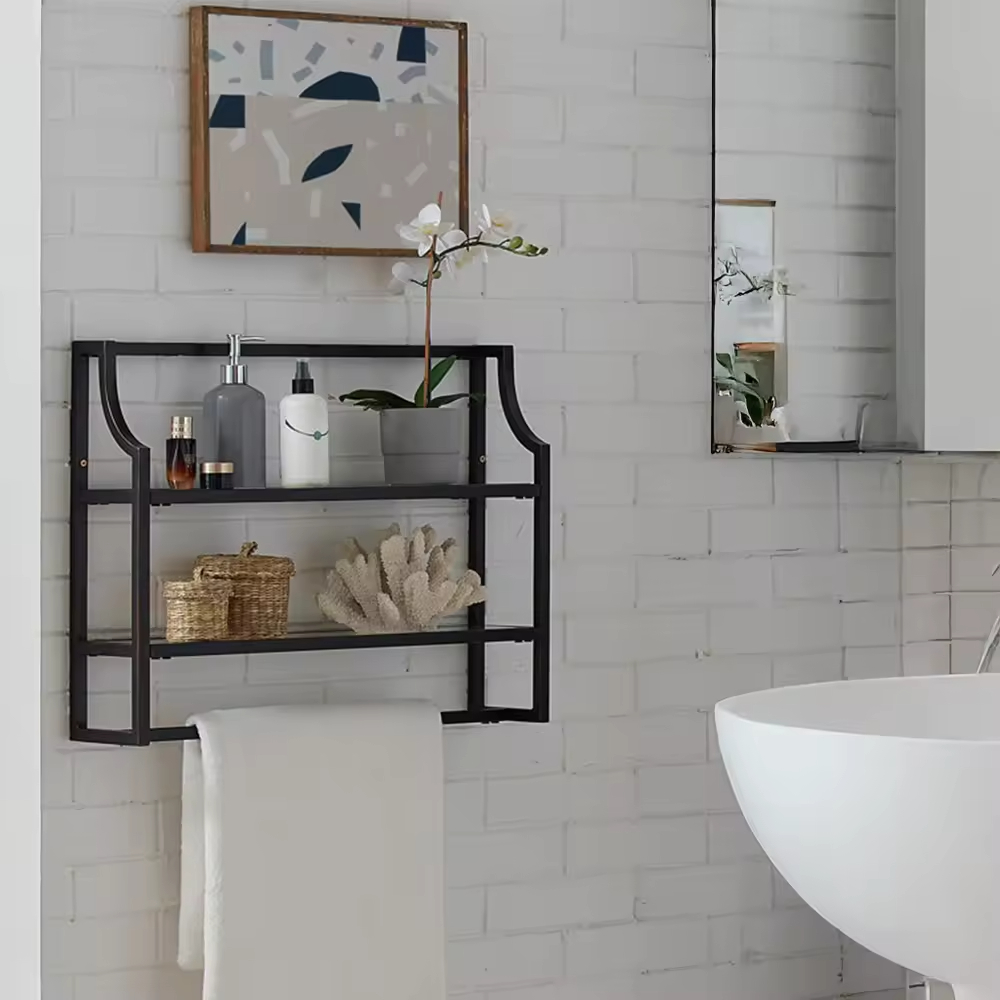 OEM&ODM Single Tier Floating Wall Shelf Towel Bar Ladder Bracket Metal Accent Shelf for Kitchen Living Room for Spices Storage