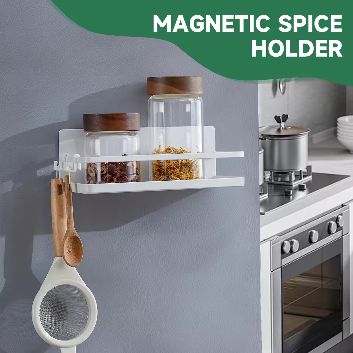 Custom Wall Mounted Fridge Shelves with 2 Spiral Holder and 8 Hooks for Kitchen and Stove Magnetic Refrigerator Spice Rack