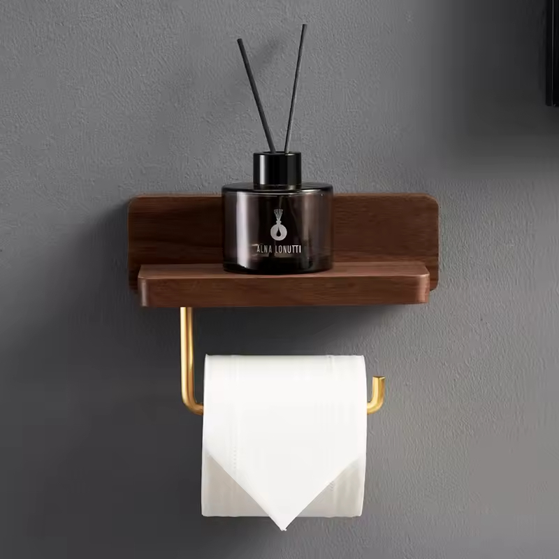 Creative Solid Wood Toilet Paper Holder with Steel Storage Rack Customizable Color Bathroom Rack with Hook Modern Durable Design