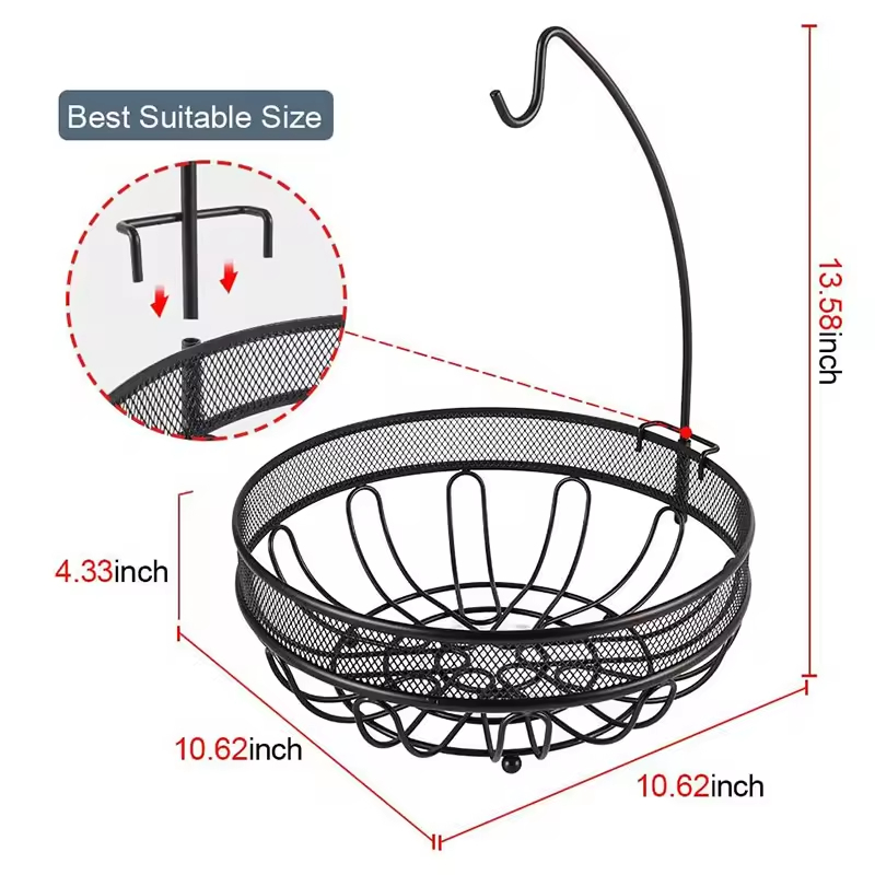 Custom Metal Fruit Basket Bowl with Banana Tree Hanger Kitchen Storage for Vegetables Snacks Bread-Adjustable Eco-Friendly Rack