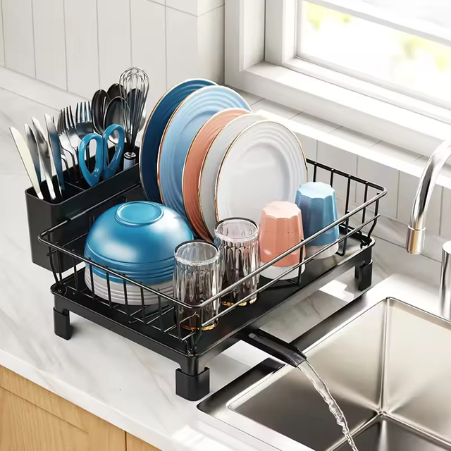 Factory Custom Eco-Friendly Stainless Steel Compact Dish Rack Utensil Holder Drain Spout for Kitchen Floor Installation Spice